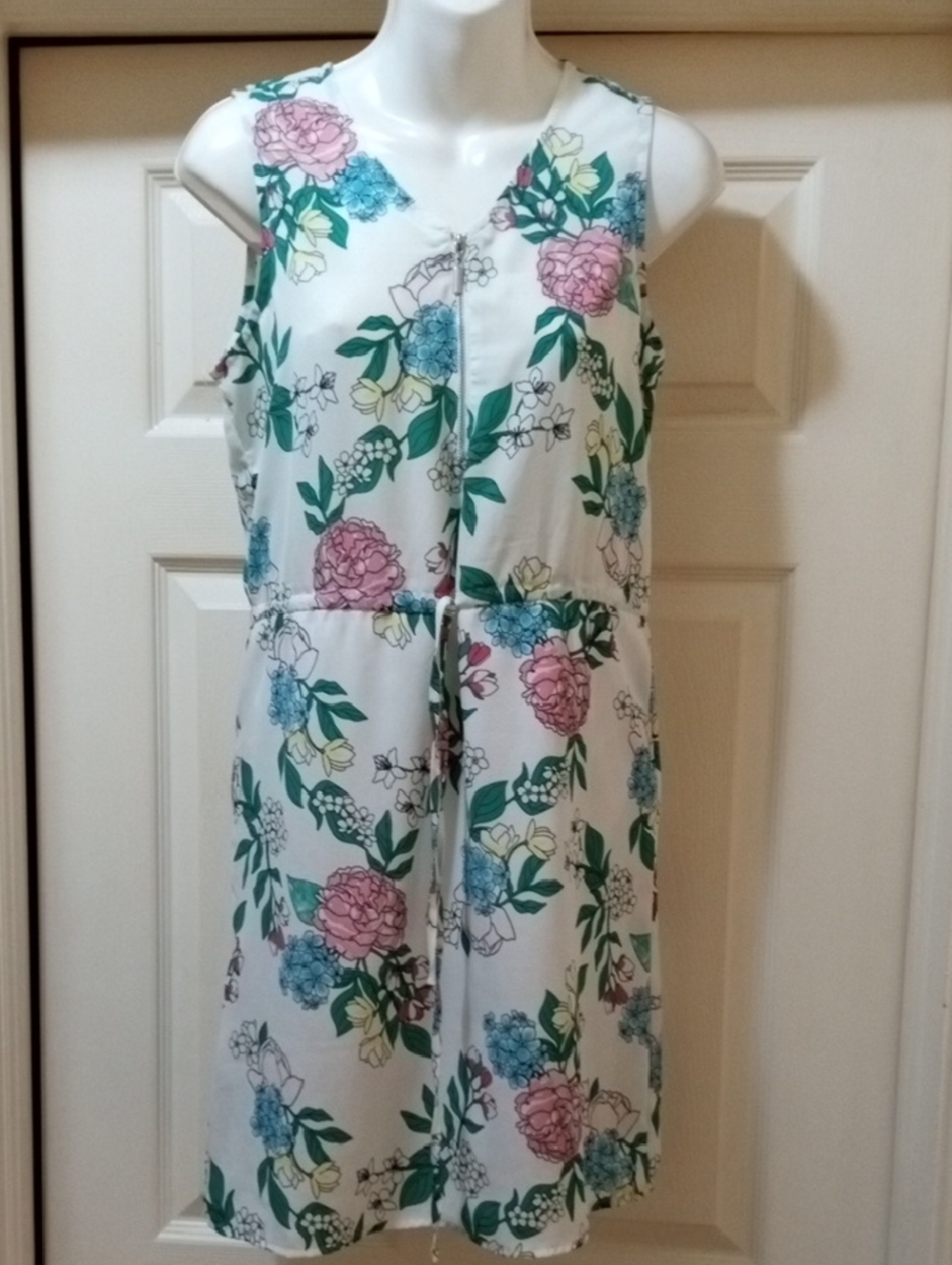 Floral Sleeveless White Mini Dress with Pink & Blue Blooms